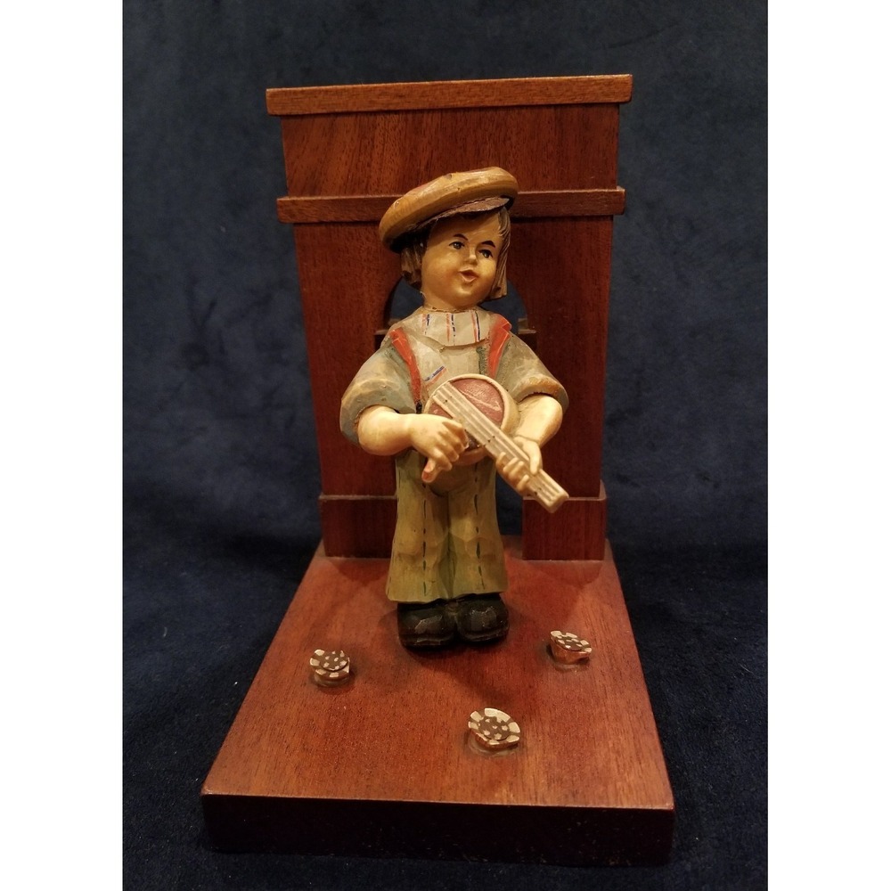 Rare Vintage Anri Hand Carved Bookend- Boy Playing Banjo